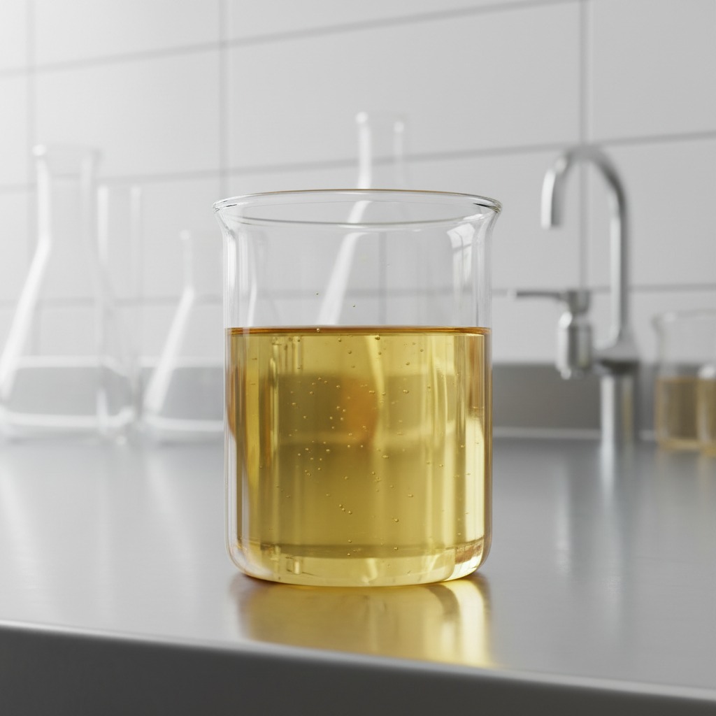 A glass beaker filled with a golden yellow liquid sits on a stainless steel laboratory counter.