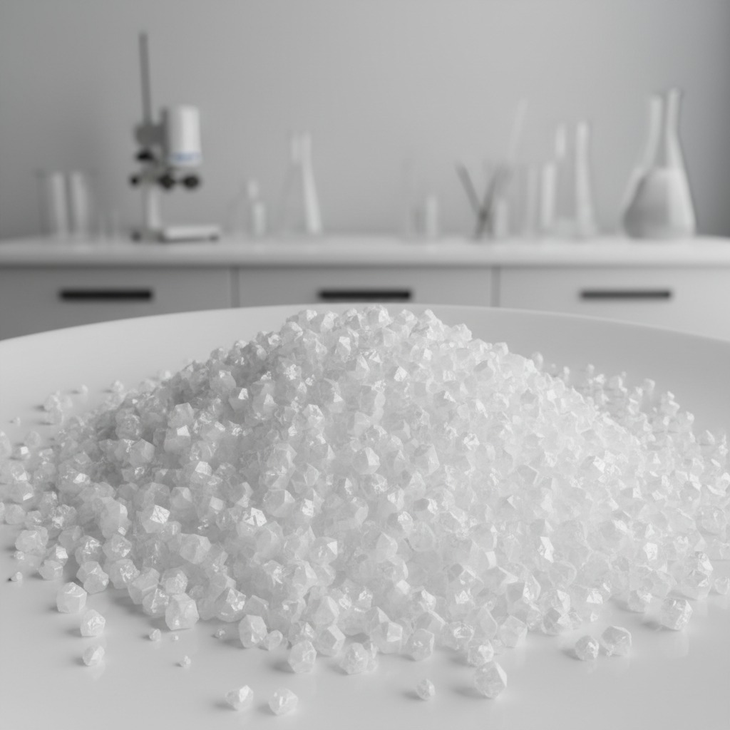 A pile of white crystalline granules sits on a surface in a laboratory setting.