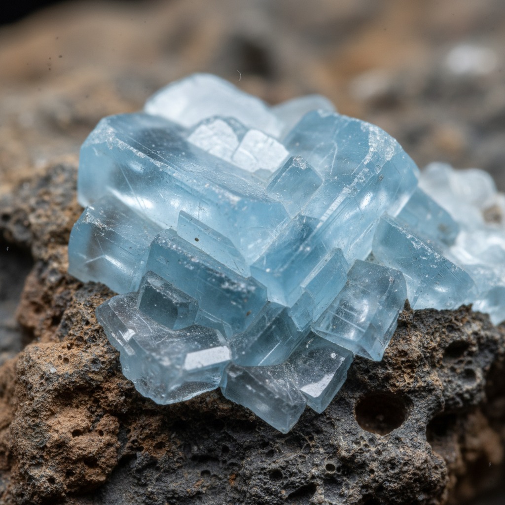 A cluster of translucent, light blue crystals sits embedded in a piece of dark, porous volcanic rock.