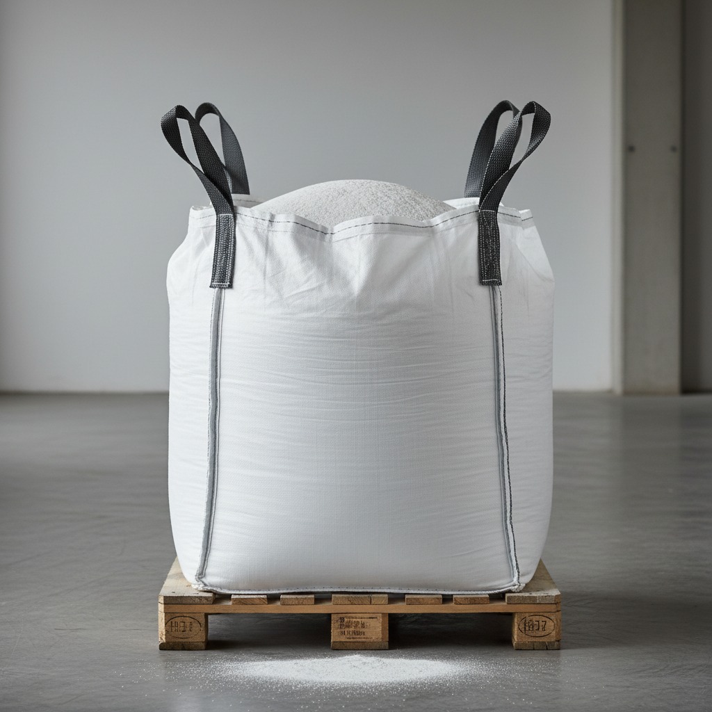 A large white bulk bag filled with granular material sits on a wooden pallet on a concrete floor.