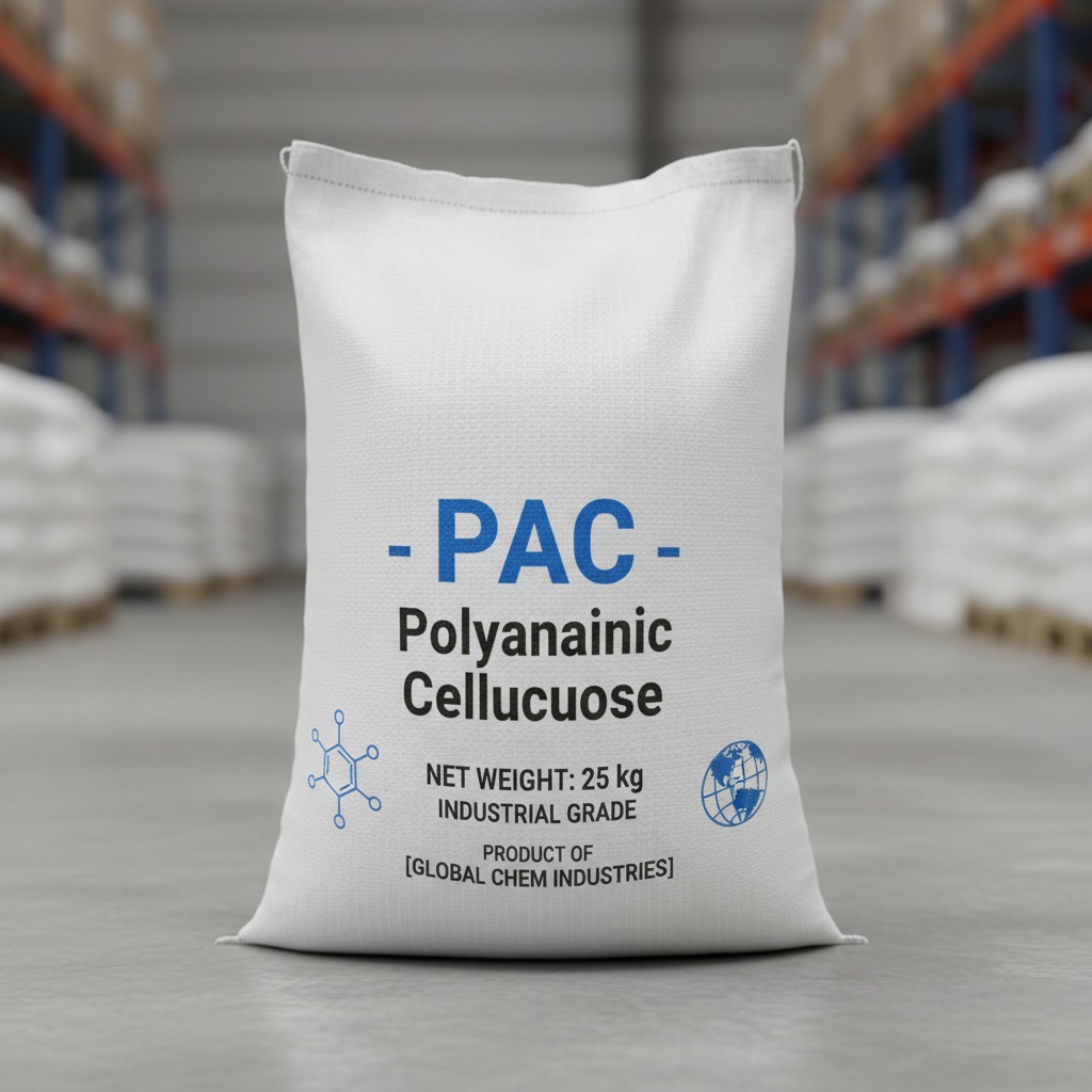 A 25-kilogram bag of PAC Polyanionic Cellulose from Global Chem Industries stands on a warehouse floor.
