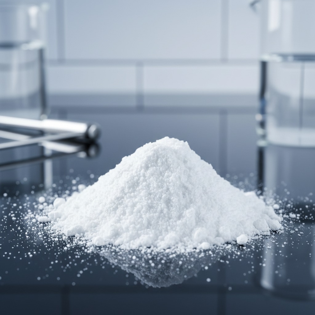 A small pile of white powder sits on a dark, reflective laboratory surface with beakers in the background.
