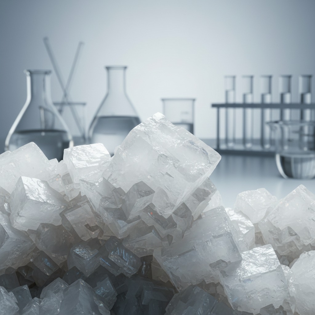 A cluster of translucent, cubic salt crystals sits in the foreground with laboratory glassware blurred in the background.