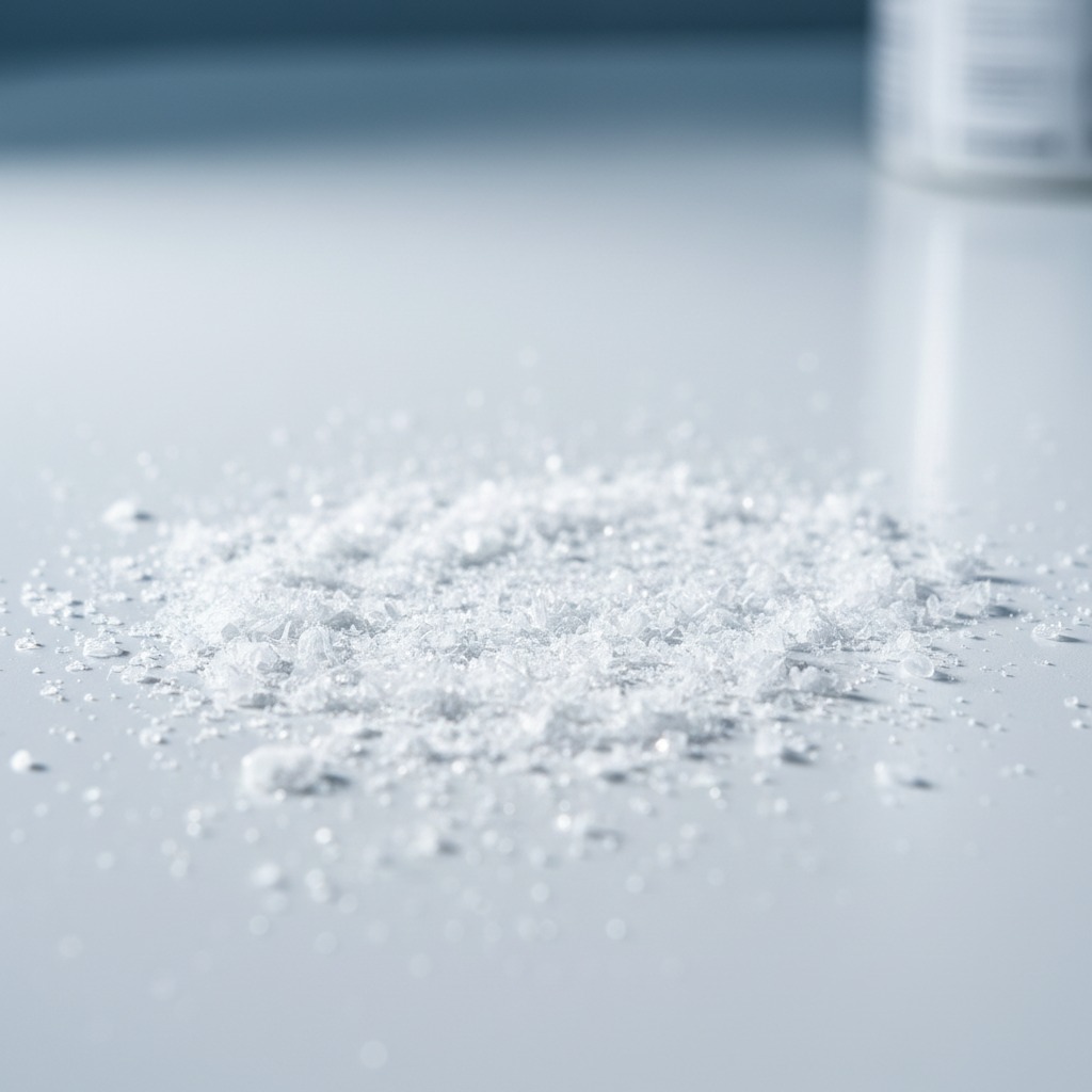 A small pile of white, crystalline powder sits on a smooth, light-colored surface.