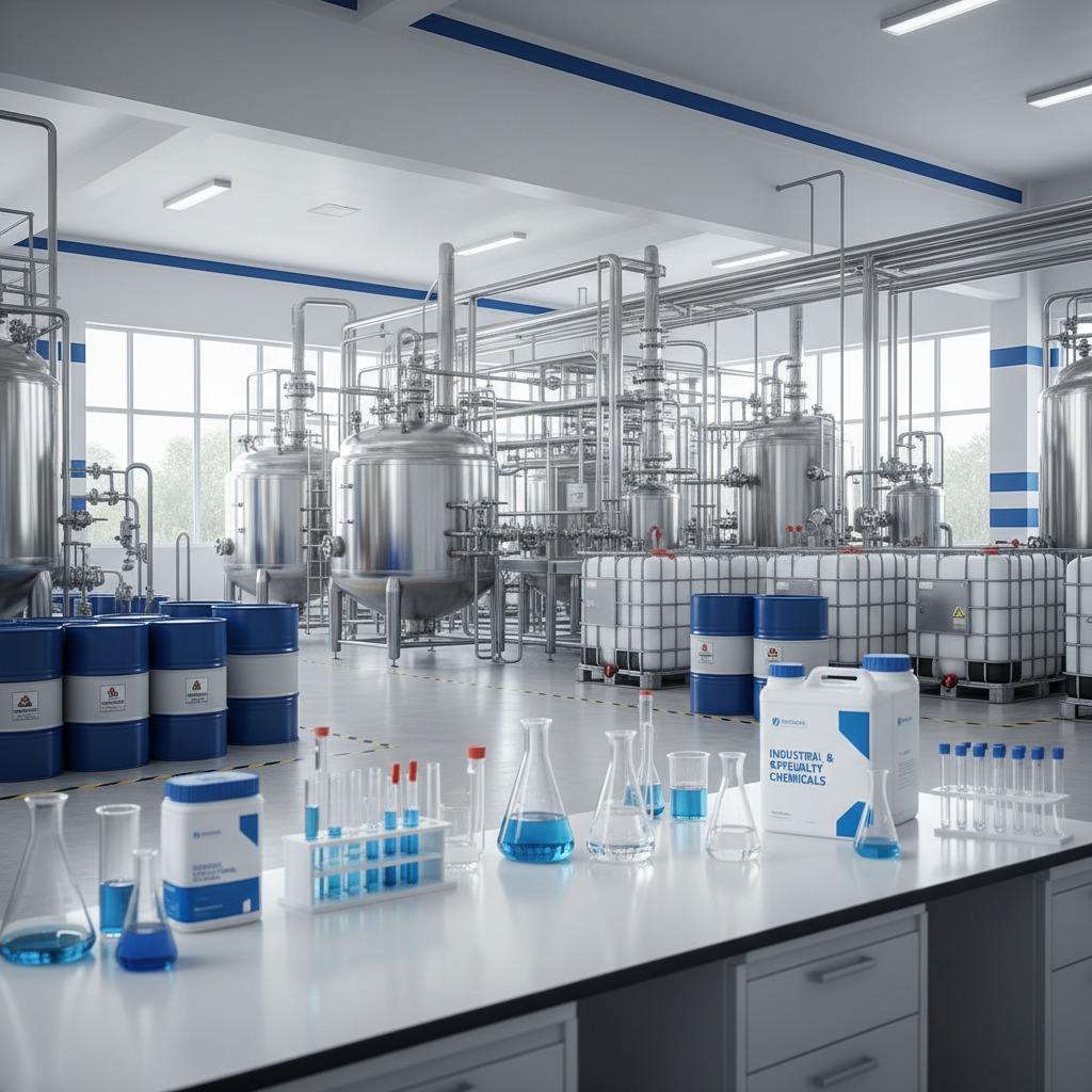 A laboratory workbench with glassware and chemical containers sits in the foreground of a large industrial facility featuring stainless steel processing tanks and storage drums.