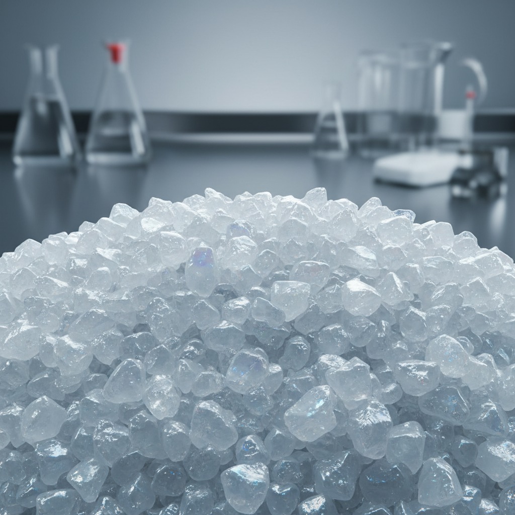 A pile of translucent, crystalline granules sits on a laboratory table in front of blurred glass beakers.